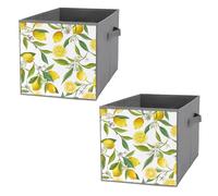 Nugier 2 PCs Basket Bin Foldable Dirty Clothes Bag Bucket Fabric Dorms Waterproof Laundry Hamper Square Organizer Storage Handles Closet Print Yellow Lemon Fruits Green Leaves White Flowers