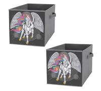 Nugier 2 PCs Basket Bin Foldable Dirty Clothes Bag Bucket Fabric Dorms Waterproof Laundry Hamper Square Organizer Storage Handles Closet Print White Unicorn Big Wings on Black
