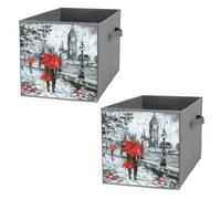 Nugier 2 PCs Basket Bin Foldable Dirty Clothes Bag Bucket Fabric Dorms Waterproof Laundry Hamper Square Organizer Storage Handles Closet Print London Street Big Ben Couple Red Umbrella