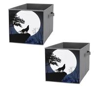 Nugier 2 PCs Basket Bin Foldable Dirty Clothes Bag Bucket Fabric Dorms Waterproof Laundry Hamper Square Organizer Storage Handles Closet Print Howling Wolf at The Full Moon Night Trees