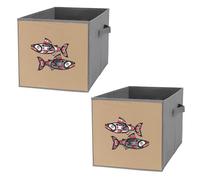 Nugier 2 PCs Basket Bin Foldable Dirty Clothes Bag Bucket Fabric Dorms Waterproof Laundry Hamper Square Organizer Storage Handles Closet Print Salmon Fish Native American Style On Brown