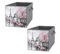 Nugier 2 PCs Basket Bin Foldable Dirty Clothes Bag Bucket Fabric Dorms Waterproof Laundry Hamper Square Organizer Storage Handles Closet Print Couple Paris Cherry Blossom Flowers Eiffel Tower