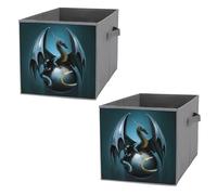 Nugier 2 PCs Basket Bin Foldable Dirty Clothes Bag Bucket Fabric Dorms Waterproof Laundry Hamper Square Organizer Storage Handles Closet Print Flying Dragon Big Wings Turquoise Green Blue