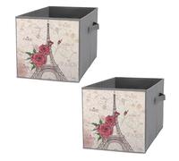 Nugier 2 PCs Basket Bin Foldable Dirty Clothes Bag Bucket Fabric Dorms Waterproof Laundry Hamper Square Organizer Storage Handles Closet Print Vintage Retro Eiffel Tower Red Rose Flowers Leaves
