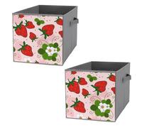 Nugier 2 PCs Basket Bin Foldable Dirty Clothes Bag Bucket Fabric Dorms Waterproof Laundry Hamper Square Organizer Storage Handles Closet Print Red Strawberry Green Leaves White Flowers On Pink