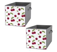 Nugier 2 PCs Basket Bin Foldable Dirty Clothes Bag Bucket Fabric Dorms Waterproof Laundry Hamper Square Organizer Storage Handles Closet Print Red Cherries Cherry Fruits Green Leaves on White