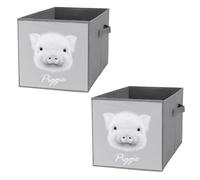 Nugier 2 PCs Basket Bin Foldable Dirty Clothes Bag Bucket Fabric Dorms Waterproof Laundry Hamper Square Organizer Storage Handles Closet Print Cute Little Piggy Head Fluffy Piglet Pig Grey Pattern