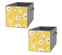 Nugier 2 PCs Basket Bin Foldable Dirty Clothes Bag Bucket Fabric Dorms Waterproof Laundry Hamper Square Organizer Storage Handles Closet Print Big and Small White Chamomile Flowers Seamless Yellow