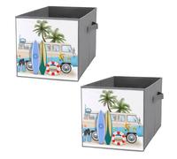 Nugier 2 PCs Basket Bin Foldable Dirty Clothes Bag Bucket Fabric Dorms Waterproof Laundry Hamper Square Organizer Storage Handles Closet Print Surfing Van Trip Camper Bus Palm Tree Surfboard On White