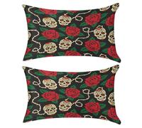 Nugier 2PCs Velvet Bed Pillow Case Cover with no Insert, Soft Throw Pillowcase Cushion 12"x20" Two-Sides USA Made Print Seamless Sugar Skulls Red Roses Green Leaves