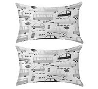 Nugier 2PCs Velvet Bed Pillow Case Cover with no Insert, Soft Throw Pillowcase Cushion 12"x20" Two-Sides USA Made Print Black Cartoon Cars Road Hatches Zebra Crossing on White