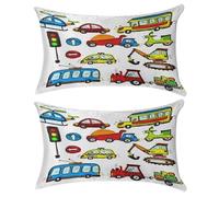 Nugier 2PCs Velvet Bed Pillow Case Cover with no Insert, Soft Throw Pillowcase Cushion 12"x20" Two-Sides USA Made Print Cars Set Bus Truck Motorcycle Airplane