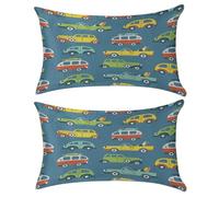 Nugier 2PCs Velvet Bed Pillow Case Cover with no Insert, Soft Throw Pillowcase Cushion 12"x20" Two-Sides USA Made Print Retro Surf Buses Surfboards Retro Cars on Blue