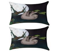 Nugier 2PCs Velvet Bed Pillow Case Cover with no Insert, Soft Throw Pillowcase Cushion 12"x20" Two-Sides USA Made Print Sloth on Tree Trunk at Full Moon Night