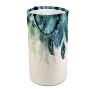 Nugier Large Round Tall Laundry Hamper, Foldable Storage with Handles Canvas Collapsible Bin Storage Basket for Office Clothes Bedroom Print Abstract Floral Peacock Feathers Blue Green Leaves