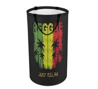 Nugier Large Round Tall Laundry Hamper, Foldable Storage with Handles Canvas Collapsible Bin Storage Basket for Office Clothes Bedroom Print Relax Reggae Music Palm Trees On Black