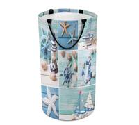 Nugier Large Round Tall Laundry Hamper, Foldable Storage with Handles Canvas Collapsible Bin Storage Basket for Office Clothes Bedroom Print Lighthouse Sailboats Starfishes Ships Steering Wheel