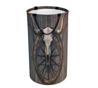Nugier Large Round Tall Laundry Hamper, Foldable Storage with Handles Canvas Collapsible Bin Storage Basket for Office Clothes Bedroom Print Long Horned Bull Skull and Old West Wagon Wheel Hanged