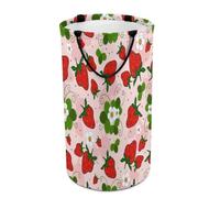 Nugier Large Round Tall Laundry Hamper, Foldable Storage with Handles Canvas Collapsible Bin Storage Basket for Office Clothes Bedroom Print Red Strawberry Green Leaves White Flowers On Pink
