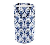 Nugier Large Round Tall Laundry Hamper, Foldable Storage with Handles Canvas Collapsible Bin Storage Basket for Office Clothes Bedroom Print Chinese Floral Porcelain Blue and White Ceramic