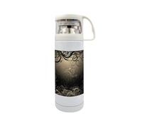 Nugier One Insulated Water Bottle, Stainless Steel Cup with Rotated Straw 11.8 Oz, Double Wall Vacuum Hot Cold Travel Mug with Lid Print Vintage Retro Old Black Grey Floral Leaf Swirl Abstract