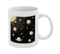 Nugier White Ceramic Cup, 11 Oz Novelty Tea Coffee Mug, Funny Ceramic Milk Cup for Cafe Party Home Office Made in USA Print Solar System The Sun Earth Mars Mercury Jupiter
