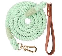 NUGUTIC 5 FT Dog Leash Handmade Braided Cotton Rope Dog Leash with Leather Handle for Small Medium and Large Dogs, Light Green