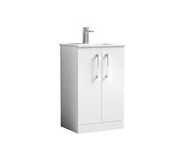 nuie ARN101B Arno Modern Bathroom Floor Standing 2 Door Vanity Unit with Minimalist Ceramic Basin, 500mm, Gloss White