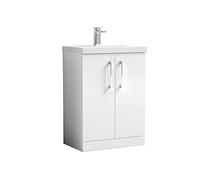 nuie ARN103D Arno Modern Bathroom Floor Standing 2 Door Vanity Unit with Thin-Edge Ceramic Basin, 600mm, Gloss White