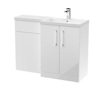nuie ARN111R Arno Modern Bathroom Right Hand 2 Soft Close Door Vanity Basin and WC Combination Unit, 1100 x 390mm, Gloss White