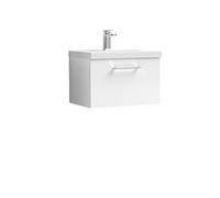 nuie ARN122A Arno Modern Bathroom Wall Hung 1 Drawer Vanity Unit with Mid-Edge Ceramic Basin, 600mm, Gloss White