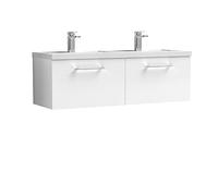 nuie ARN122C Arno Modern Bathroom Wall Hung 2 Drawer Double Vanity Unit with Twin Polymarble Basin, 1200mm, Gloss White