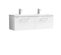 nuie ARN122F Arno Modern Bathroom Wall Hung 2 Drawer Double Vanity Unit with Twin Ceramic Basin, Gloss White
