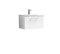 nuie ARN122G Arno Modern Bathroom Wall Hung 1 Drawer Vanity Unit with Curved Ceramic Basin, 600mm, Gloss White