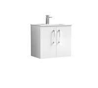nuie ARN123B Arno Modern Bathroom Wall Hung 2 Door Vanity Unit with Minimalist Ceramic Basin, Gloss White