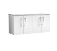 nuie ARN123LBG2 Arno Modern Bathroom Wall Hung 4 Soft Close Door Vanity Unit and Bellato Grey Laminate Worktop, 1200mm, Gloss White