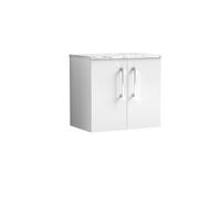 nuie ARN123LCM Arno Modern Bathroom Wall Hung 2 Soft Close Door Vanity Unit and Carrera Marble Laminate Worktop, 600mm, Gloss White