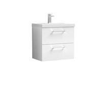 nuie ARN124A Arno Modern Bathroom Wall Hung 2 Drawer Vanity Unit with Mid-Edge Ceramic Basin, Gloss White