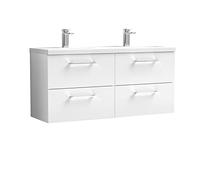 nuie ARN124F Arno Modern Bathroom Wall Hung 4 Drawer Double Vanity Unit with Twin Ceramic Basin, Gloss White