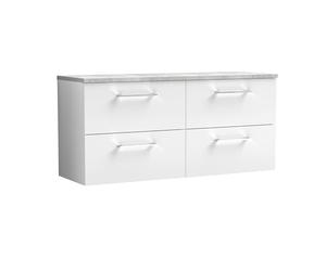 nuie ARN124LBG2 Arno Modern Bathroom Wall Hung 4 Soft Close Drawer Vanity Unit and Bellato Grey Laminate Worktop, 1200mm, Gloss White