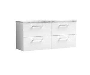 nuie ARN124LCM2 Arno Modern Bathroom Wall Hung 4 Soft Close Drawer Vanity Unit and Carrera Marble Laminate Worktop, 1200mm, Gloss White