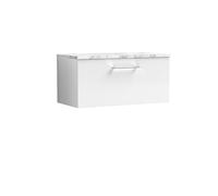 nuie ARN125LCM Arno Modern Bathroom Wall Hung 1 Soft Close Drawer Vanity Unit and Carrera Marble Laminate Worktop, 800mm, Gloss White