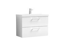 nuie ARN126A Arno Modern Bathroom Wall Hung 2 Drawer Vanity Unit with Mid-Edge Ceramic Basin, Gloss White