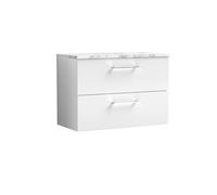 nuie ARN126LCM Arno Modern Bathroom Wall Hung 2 Soft Close Drawer Vanity Unit and Carrera Marble Laminate Worktop, 800mm, Gloss White