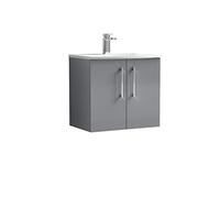 nuie ARN1323G Arno Modern Bathroom Wall Hung 2 Door Vanity Unit with Curved Ceramic Basin, Cloud Grey