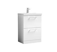 nuie ARN133A Arno Modern Bathroom Floor Standing 2 Drawer Vanity Unit with Mid-Edge Ceramic Basin, 600mm, Gloss White