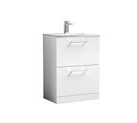 nuie ARN133G Arno Modern Bathroom Floor Standing 2 Drawer Vanity Unit with Curved Ceramic Basin, 600mm, Gloss White