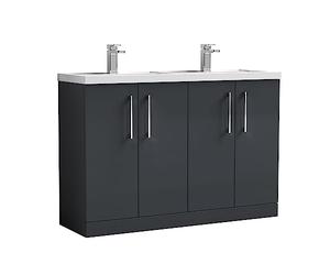 nuie ARN1403C Arno Modern Bathroom Floor Standing 4 Door Vanity Unit & Double Polymarble Basin, 1200mm, Soft Black