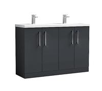 nuie ARN1403F Arno Modern Bathroom Floor Standing 4 Door Vanity Unit & Double Ceramic Basin, 1200mm, Soft Black