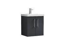 nuie ARN1421D Arno Modern Bathroom Wall Hung 2 Door Vanity Unit & Thin-Edge Ceramic Basin, 500mm, Soft Black